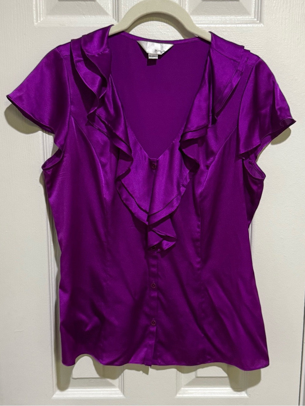 Women's Purple Ruffle Satin Button-Front Blouse